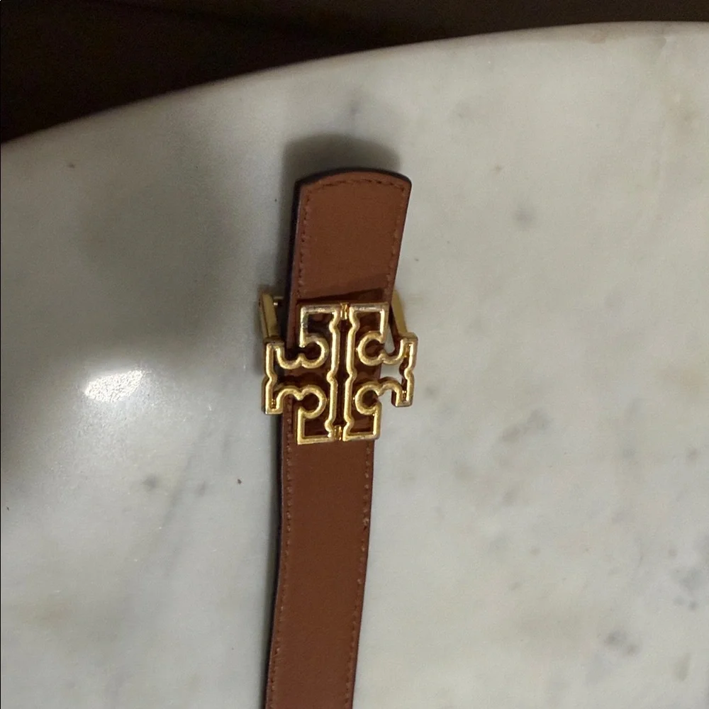 Navy Leather Belt with Gold Logo Buckle